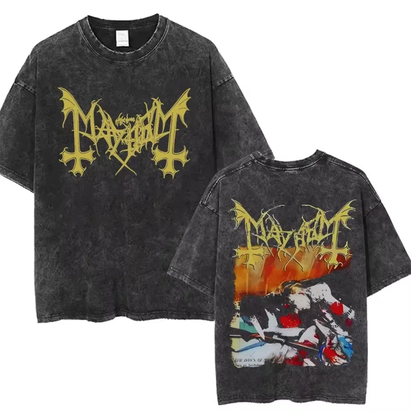 

2025Летняя стираная винтажная футболка с рисунком Mayhem, футболка Darkthrone, мужские и женские футболки Death Black Metal Rock, анимация