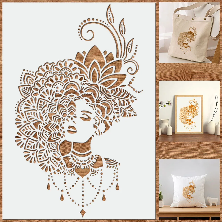 قطعة واحدة من استنسل نسائي بوهو مقاس A4 لطلاء الجدران - قالب سيدة ماندالا DIY للديكور الفني والحرف اليدوية