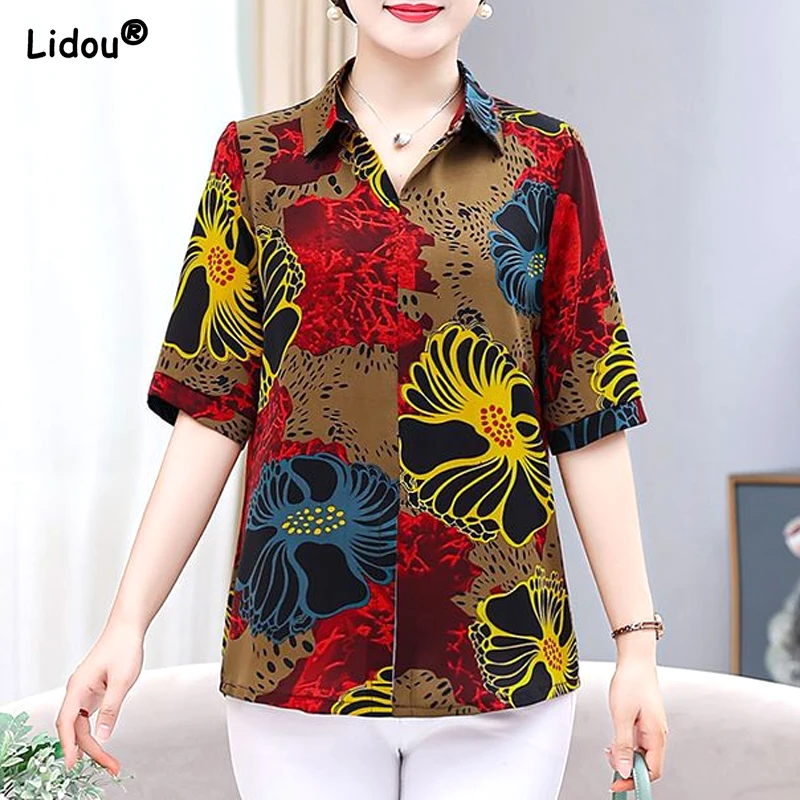 

2023 New Women's Clothing Fashion Casual Graceful Turn-down Collar Simplicity Dignified Printing Summer Short Sleeve T-Shirts