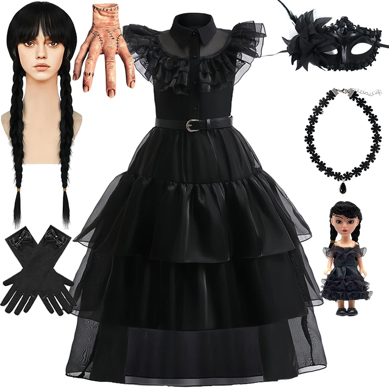 

Floor Length Goth Fluffy Tiered Long Black Addams Dress for Girls 3-12Years Children Halloween Role-Playing Makeup Ball Costume