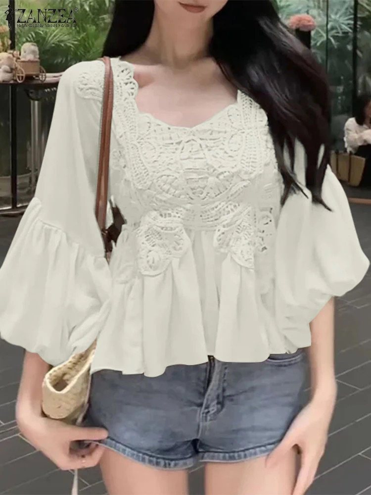 

Solid Lace Blouse Women Square Collar Autumn Tops ZANZEA 2025 Fashion 3/4 Lantern Sleeve Elegant Tunic Casual Loose Pullovers