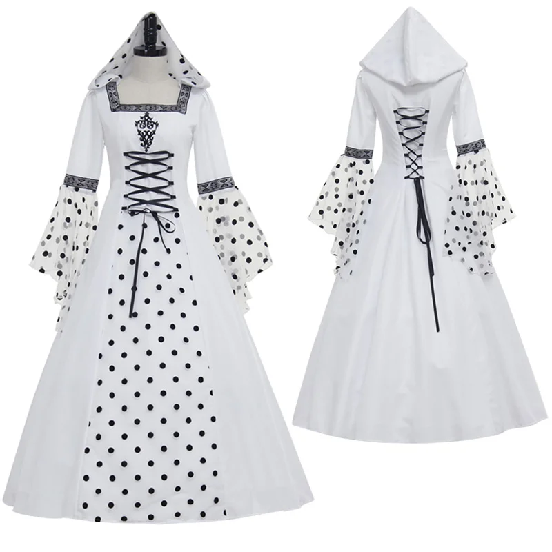 

Renaissance Medieval Victorian Gothic White Dress Hooded Polka Dot Women Clothing Custom Made