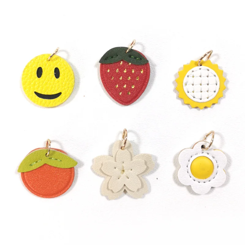 Cute Leather Key Accessories Smiley Strawberry Orange Sakura Keychain Hanging Ornament Handmade Kawaii Bag Decorative Pendant