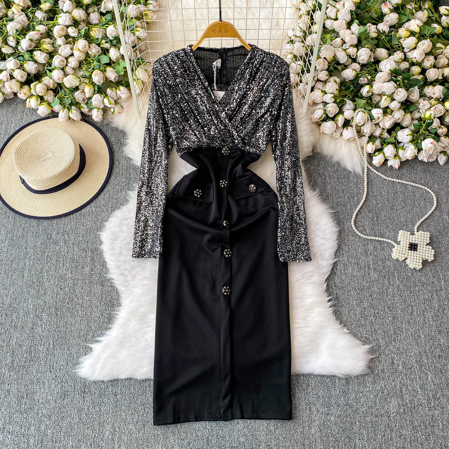 Chic vintage sexy V-neck sequin button long sleeve slim Elegant Fairy korean fashion Boho Sundress women clothing