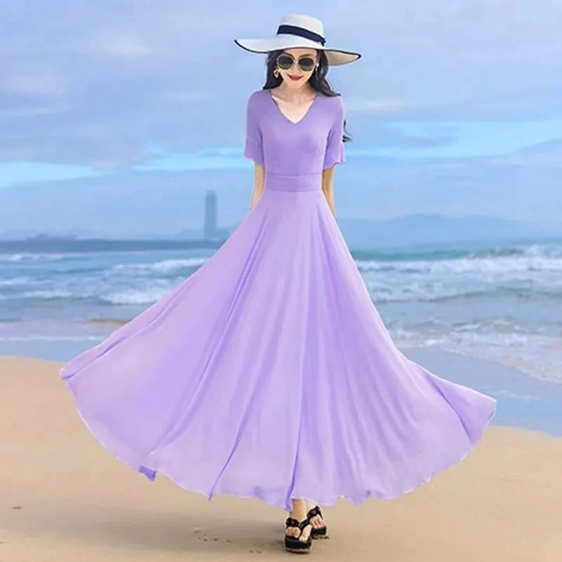 Women Summer Dress New V-neck Elegant Fashion Short Sleeve Solid Ladies Beach Slim Ankle-Length Chiffon Dress Women\'s Clothing