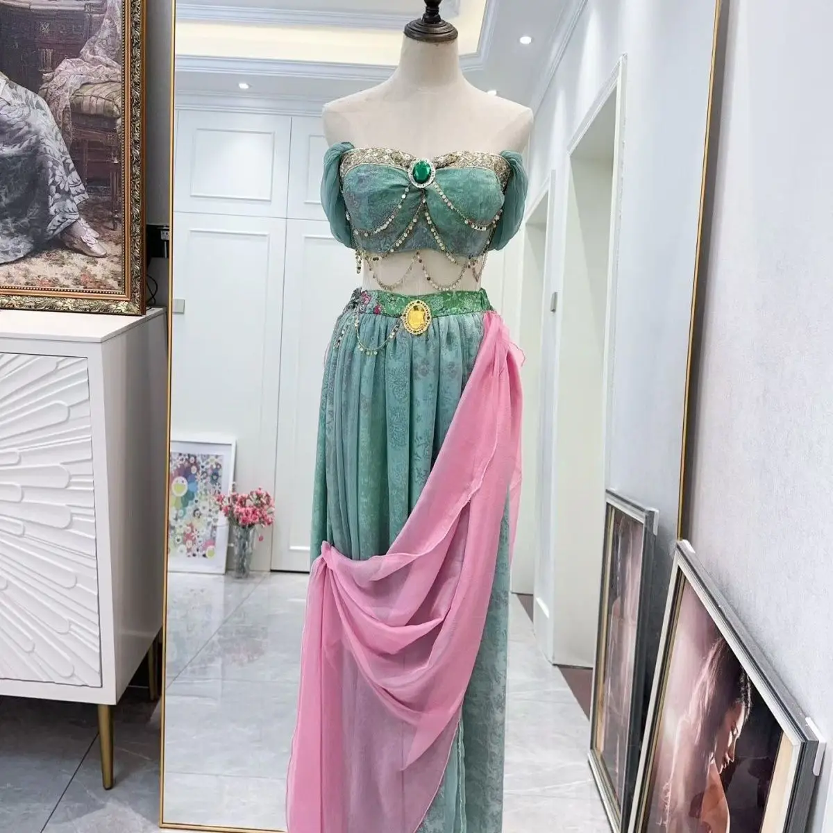 Retro Dunhuang Ethnic Performance Suit Gem Decoration Two‑Piece Dress For Exotic Theme Photoshoot Dance Cos Event
