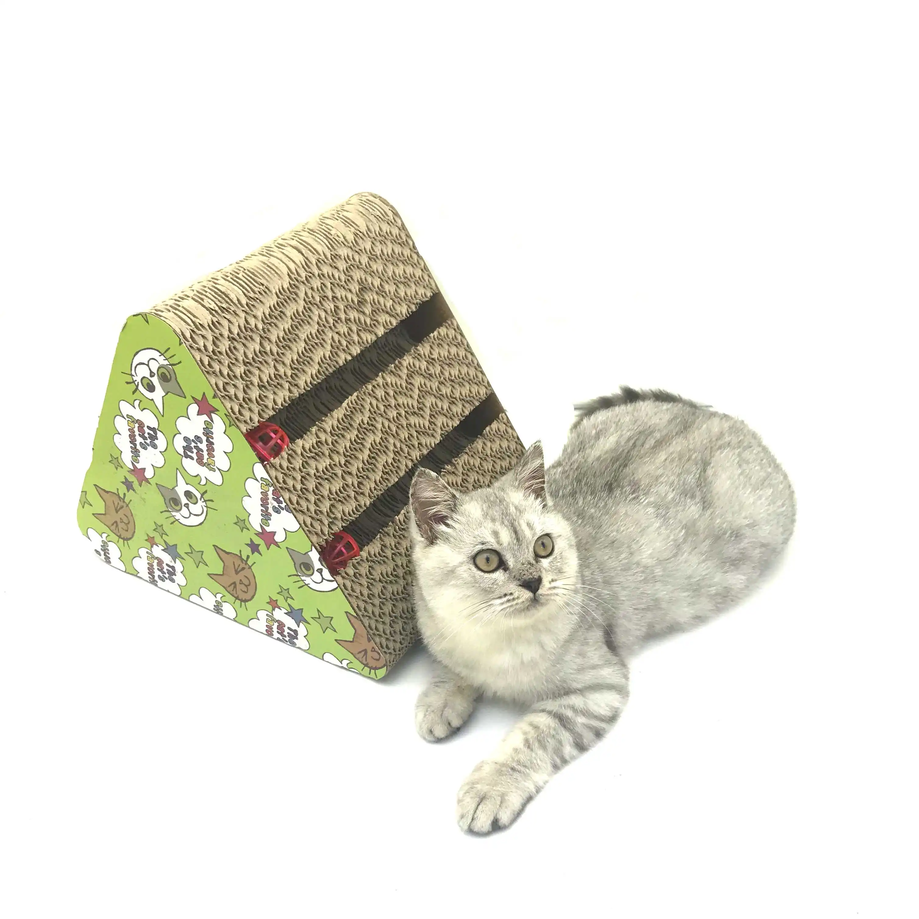 Triangle Wall-mounted Corrugated Cardboard Cat Scratching Board Toy And Bell Ball Toy