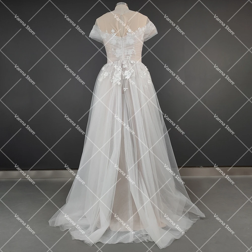 Cirss Cross increspato tulle illusione abiti da sposa spiaggia personalizzata una linea romantico pizzo floreale ricamo abito da sposa con scollo a barca