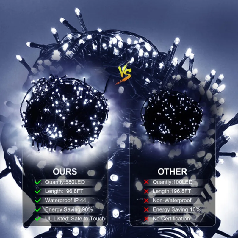 سلسلة ضوء بيضاء باردة عادية 60 متر 580 أضواء داخلية وخارجية لعيد الميلاد وعيد الميلاد وحفلات ديكور حديقة المنزل