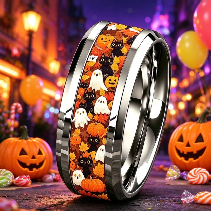 Huitan Halloween Pumpkin Black Cat Ghost Print Sticker Stainless Steel Ring for Women Cute Festival Fashion Party Accessories