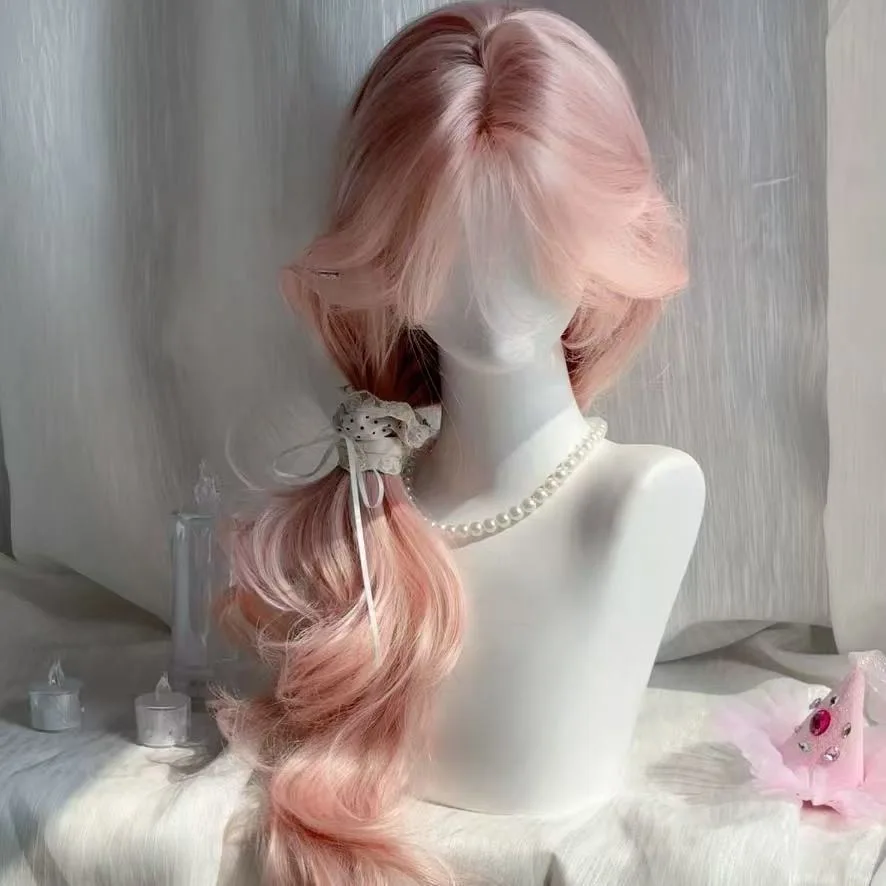 Rosa Perücke, langes Haar, künstlicher Haarsimulationskopf, Anime-Spielzubehör, Cosplay, volle Kopfbedeckung, lockiges Haar, Foto-Show-Requisiten