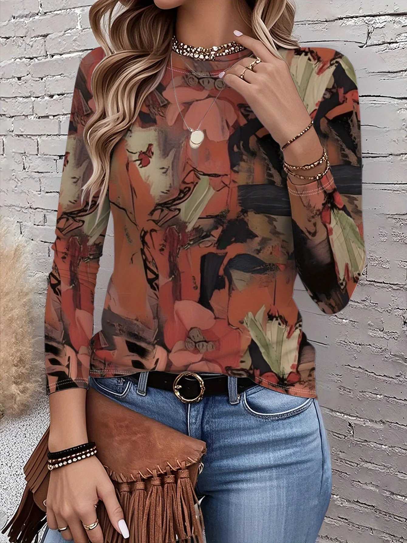 2026 New Women's Fashionable and Elegant Top with Green Leaf Print, Modern Art Design for Everyday Wear