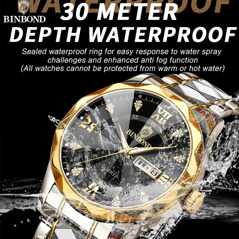 BINBOND B2521 Fashion Casual Business Quartz Men Watches 30M Waterproof Week Date Clock Sport Mens Wristwatch Relogio Masculino