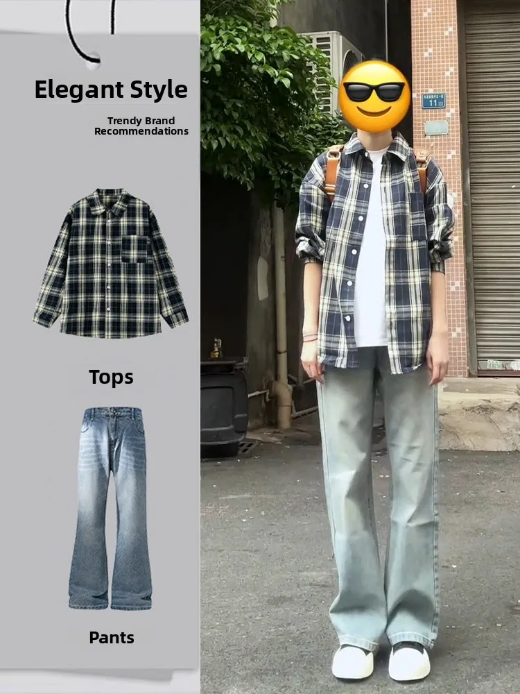 

Retro American Blue Plaid Shirt Men's Spring Fashion Set Straight Leg Micro Flare Jeans Long Sleeve Long Pants for Teenagers