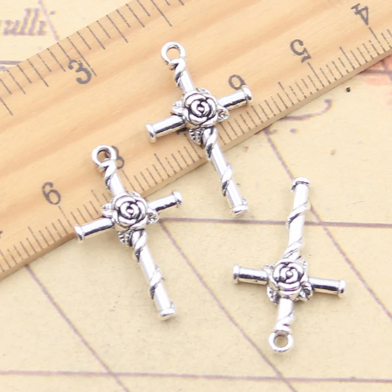 20pcs Charms Cross Rose Flower 26x15mm Tibetan Silver Color Pendants Antique Jewelry Making DIY Handmade Craft