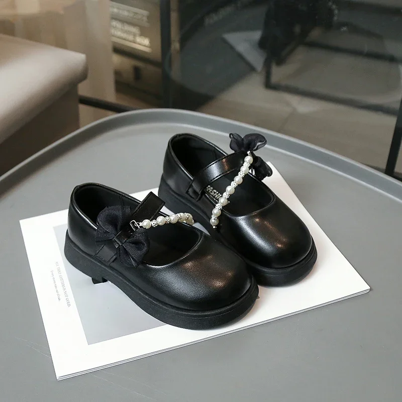 New Girl Princess Style Children's Leather Shoes with Elegant Bow Side Wedding Party Children's Formal Shoes