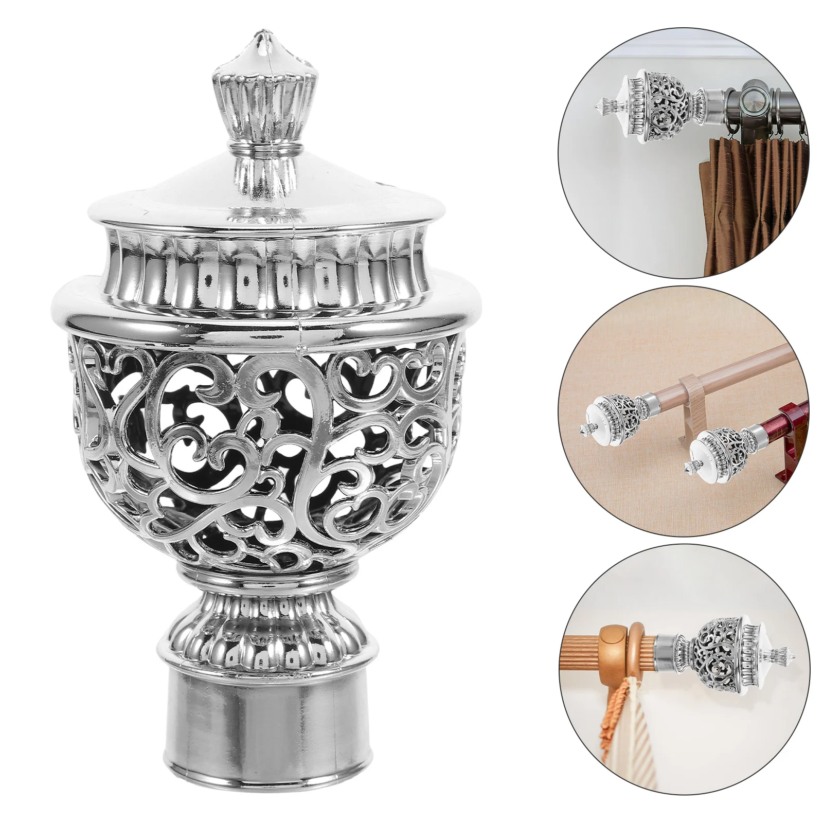 

12Pcs Hollow Curtain Rod Finials Silver Plastic End Caps Decorative Drapery Pole Tips for Window Treatments Indoor Decor