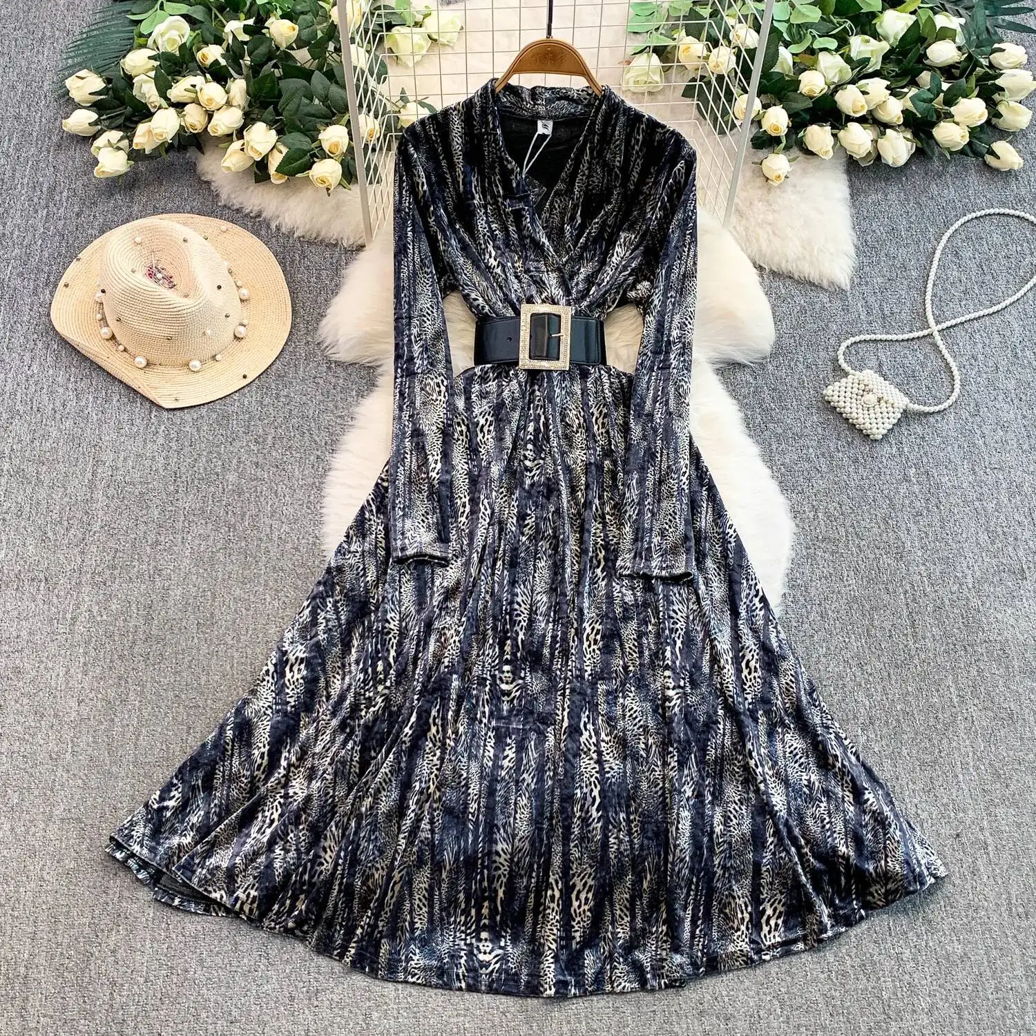 Chic vintage velour leopard slim dress Elegant Fairy korean fashion sundress autumn women clothing