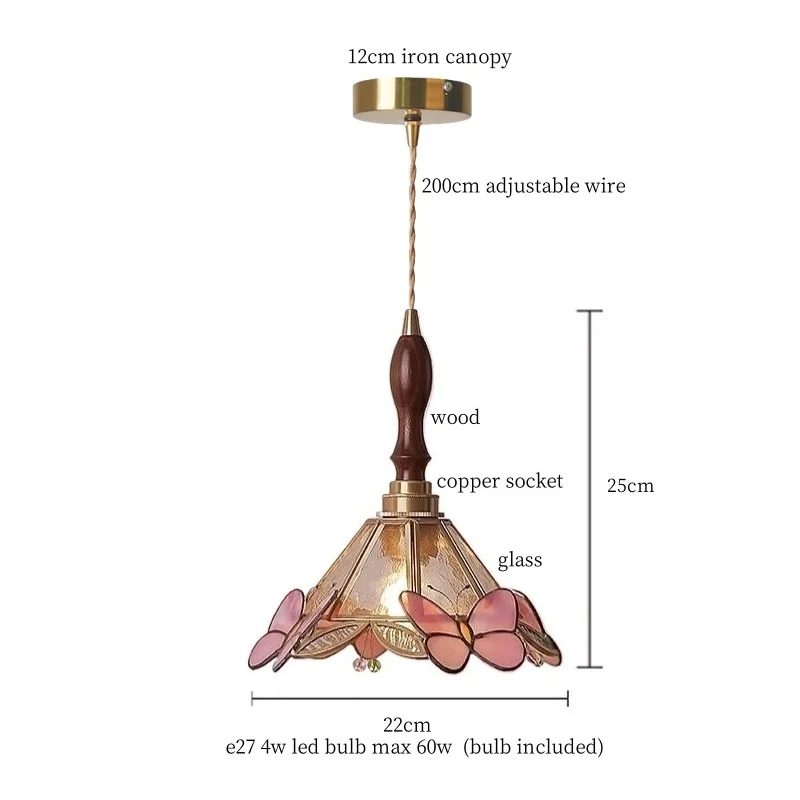 IWHD Butterfly Glass Lampshade LED Pendant Lights Fixtures Bedroom Loft Bedside Living Dinning Room French Vintage Pendant Lamp