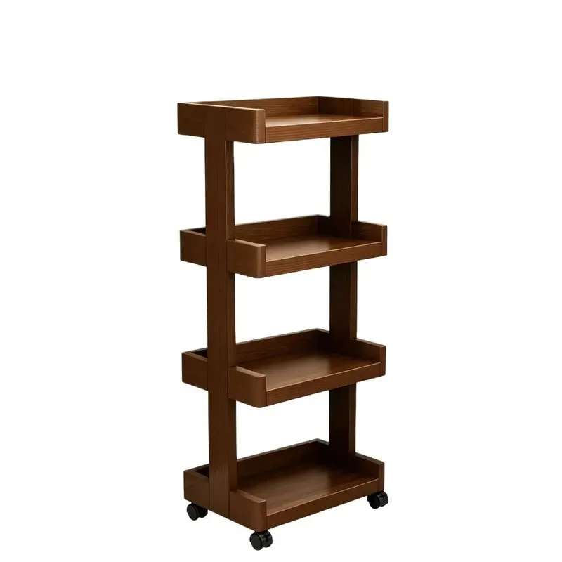 Brown Solid Wood Freestanding 4 Tier Bookshelf Storage Rack with Wheels Removable Shelf for Bedside Living Room Home