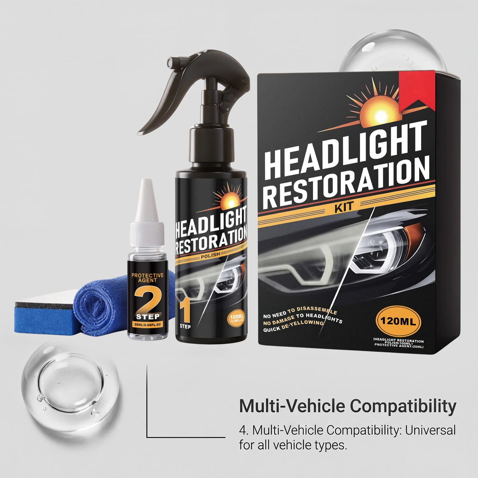 Headlight Restoration Kit Clean And Remove Dirt Headlight Brightener Prevent Re Yellowing Reduce Fine Scratch Car Exterior Care