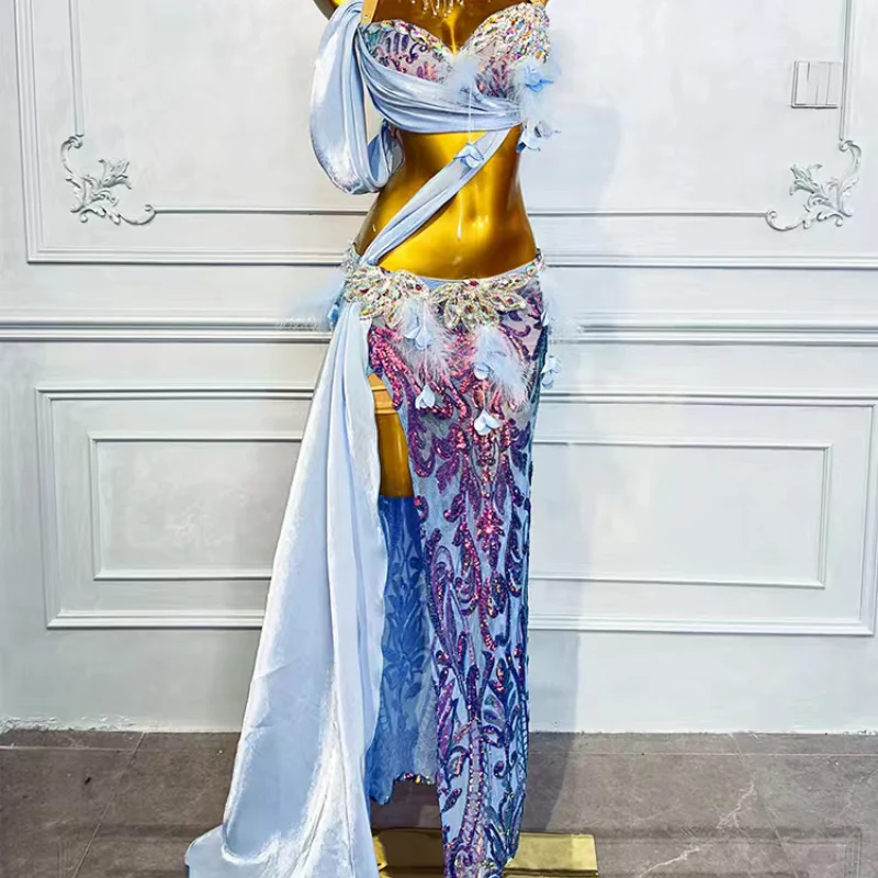 Costume da danza del ventre abito da donna in raso di strass di lusso di fascia alta personalizzato per bambini adulti abbigliamento da spettacolo di danza orientale