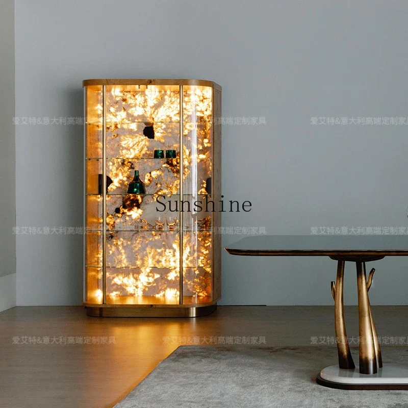 

Italian light luxury wine cabinet arc glass display high-end luxury villa storage luminous back decoration FT