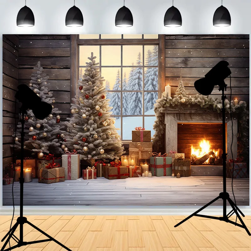 Christmas Tree With Wooden Floor Photography Backdrops Pinecones Snow Fireplace New Year Winter Holiday Party Background DT-28