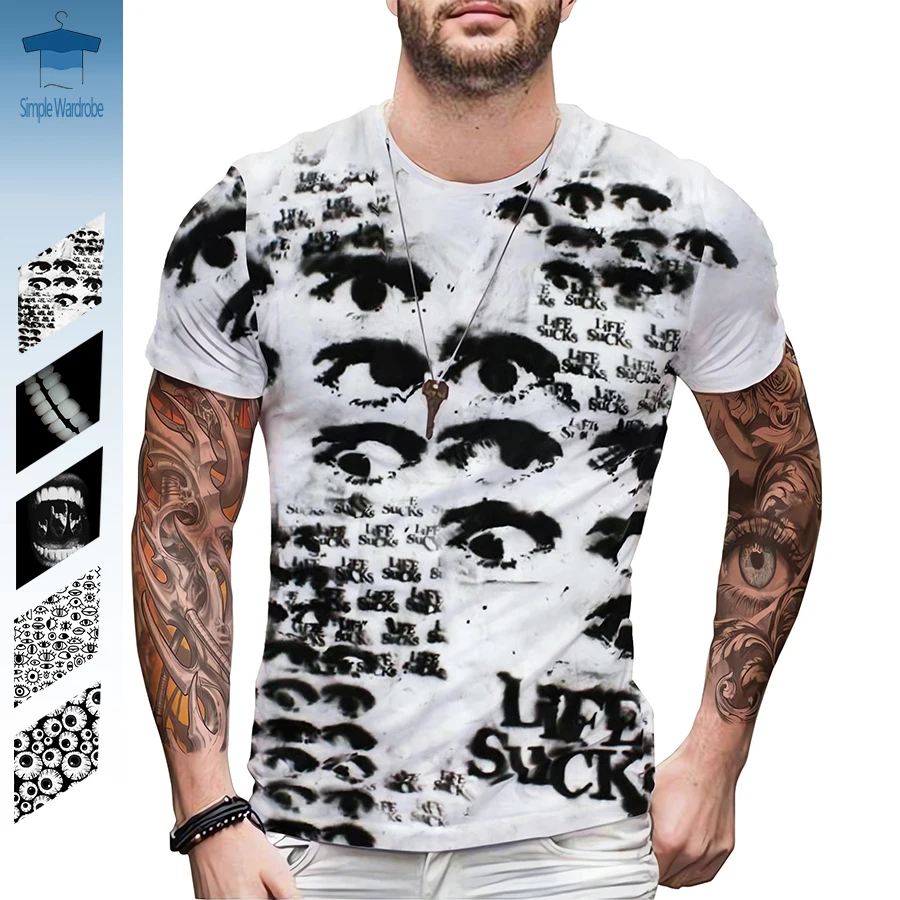 

Black And White Vintage Eyes Mouth Teeth Pattern 3D Men T-shirts Popular Fashion Loose Tops Summer Street O-neck Casual Clothes