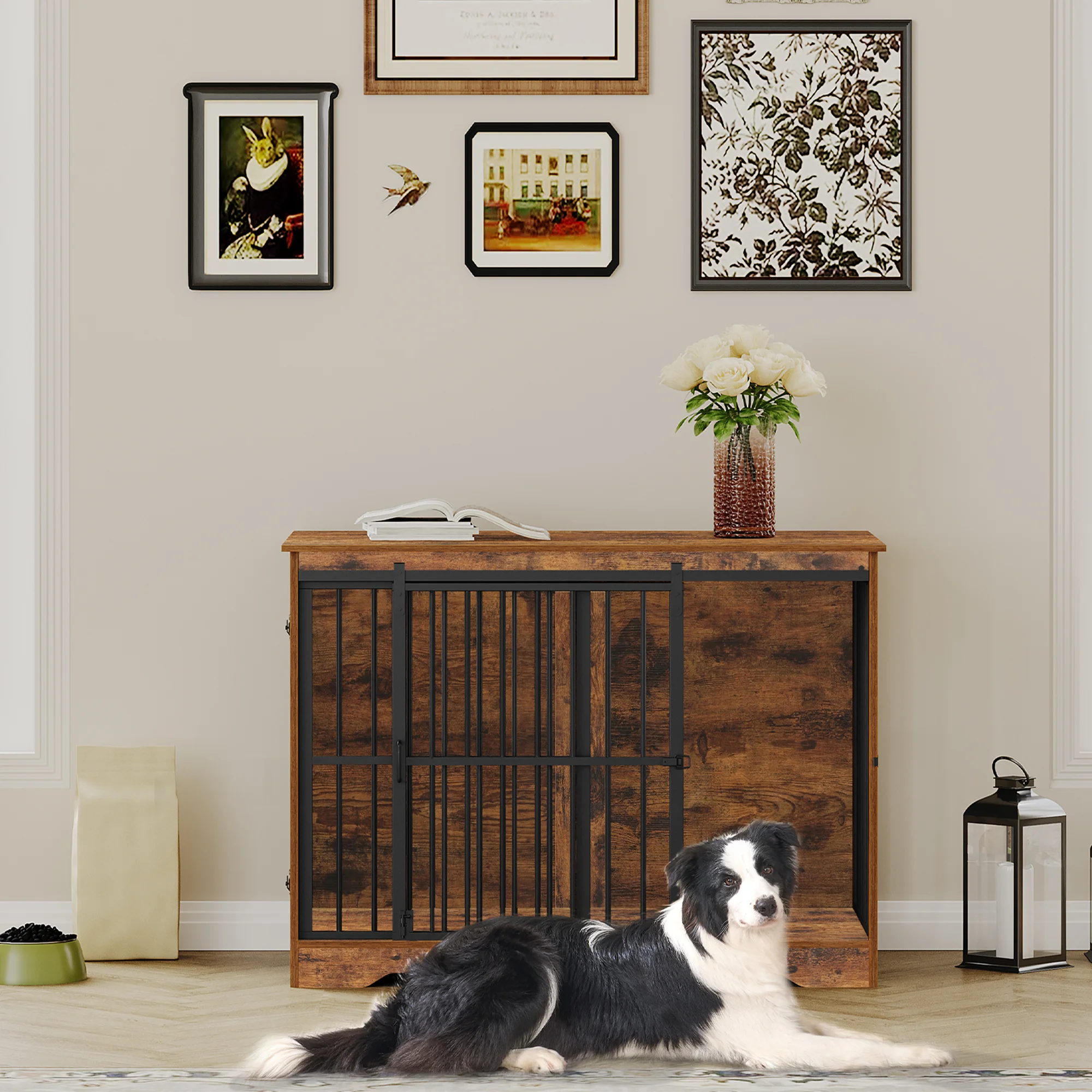 Hzuaneri Cage pour chien, 2 portes, Cage intérieure moderne pour chiens de petite/moyenne/grand jusqu'à 100 kg, table d'appoint, porte coulissante renforcée