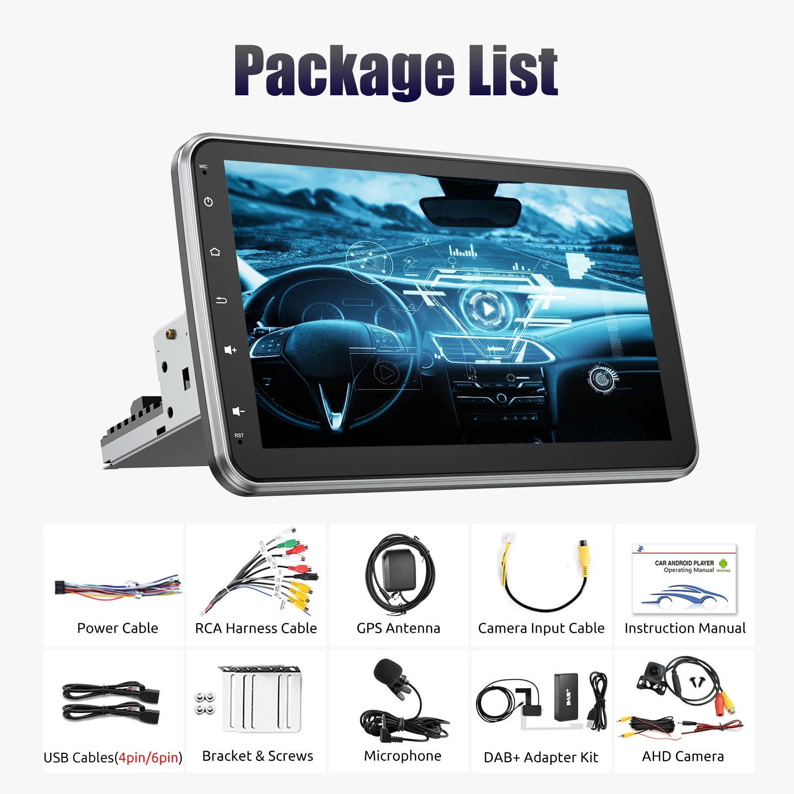 ESSGOO 10.1 "Universele drijvende scherm autoradio 1Din roterende multimediaspeler 4GB 64GB Carplay Android auto autoradio GPS