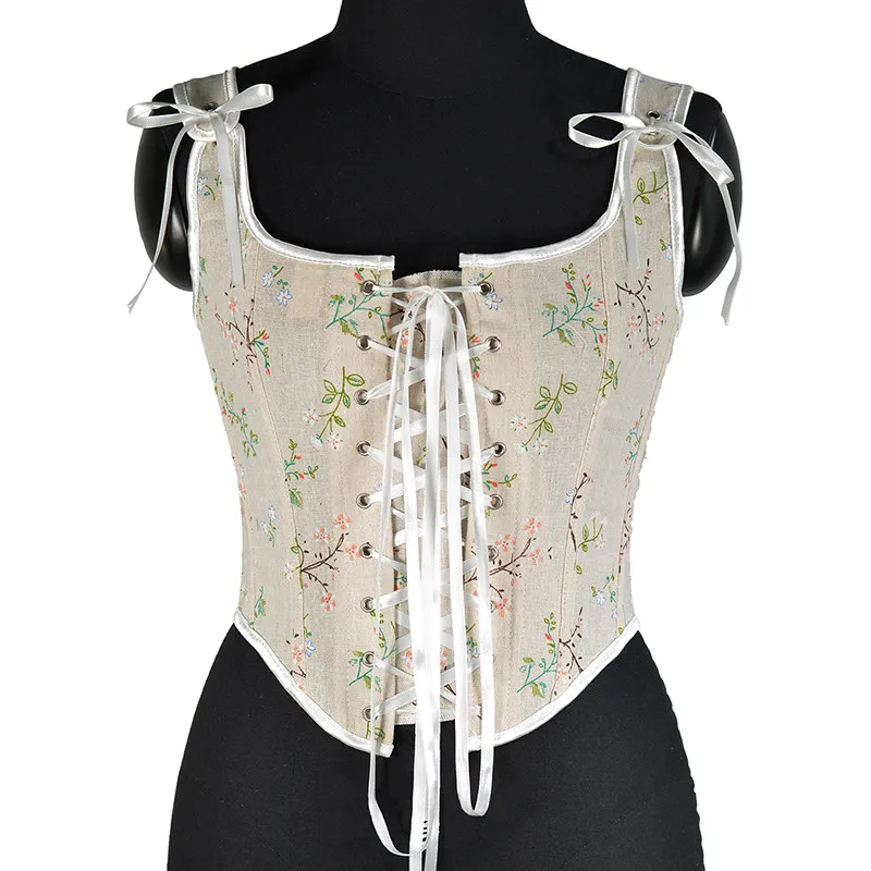 Floral bedrucktes Korsett Gothic Vintage Brokat Mieder mit Schultergurten Retro Elegant Bustier Tank Top Body Shaper Camisol