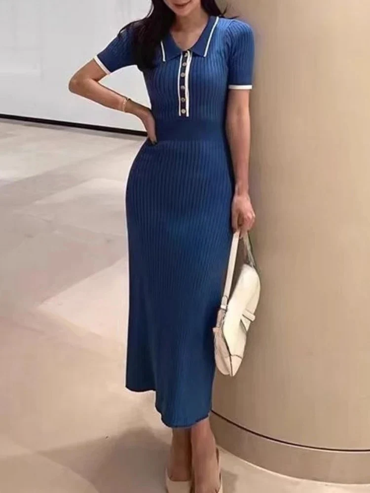 Manches courtes tempérament Robe Femme robes tricotées femmes 2025 robes De Mujer col rabattu Patchwork tunique Robe moulante