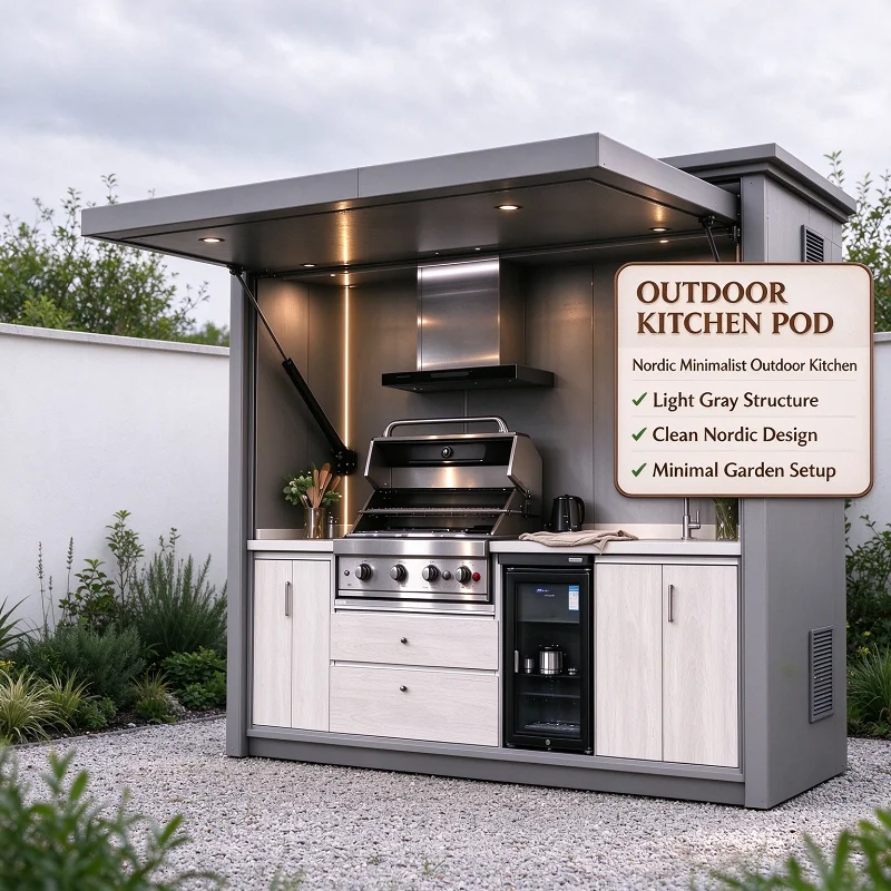 Modular Outdoor Kitchen BBQ Pod Island Grill Station Aluminum Pergola Stainless Steel Cabinet Sink Fridge Shed Patio Deck Kit