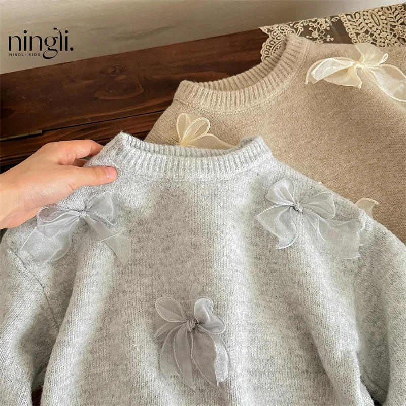 Girl Sweater Autumn Winter 2024 New Bow Sweater Lovely Loose Casual Simple Fashion Sweet Korean Active Vintage Cute Soft Comfort