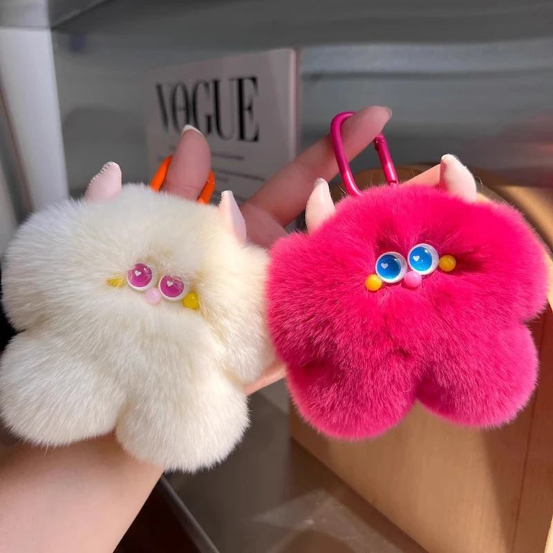 Imitation Otter Rabbit Fur Calf Car Keychain Fluffy Pompon Small Cow Key Chain Trinket Lovely Key Ring On Bag Car Key Gift