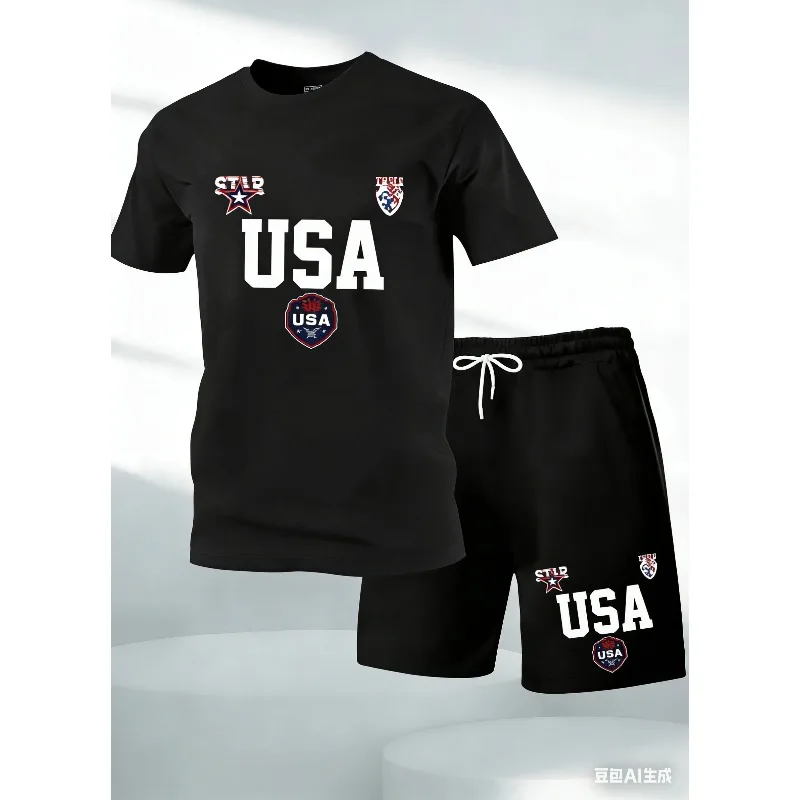 

New men's sports outfit. Men's casual sportswear. Printed short-sleeved sports shirt set. Patterned set. Quick-drying set.