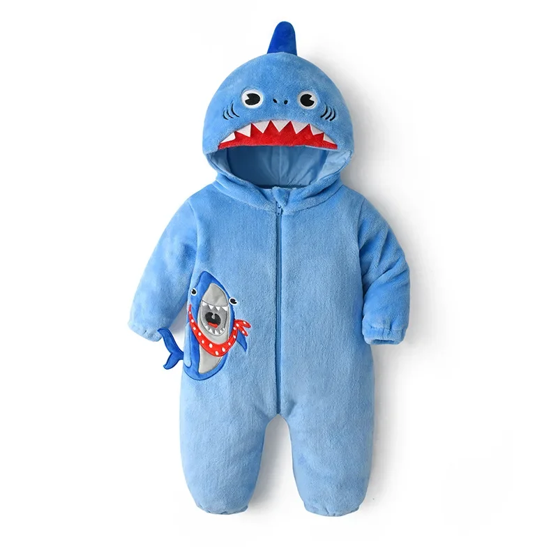 Kigurumis Shark Winter Baby Girls Clothes Romper Boys  Lovely Baby Onesie Bodysuit Cartoon Zipper Hooded Flannel Jumpsuits