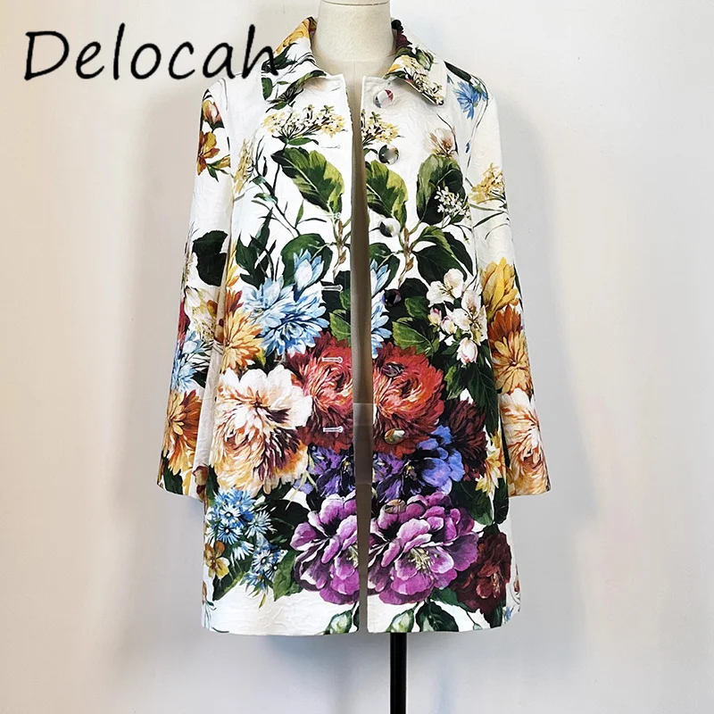 

Delocah 2025 New autumn clothing Vintage floral coat pure cotton Flip collar single row Loose windbreaker medium length