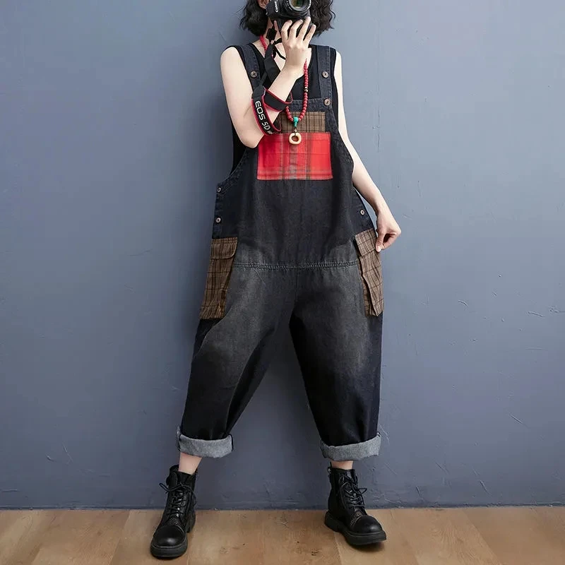 

20223 New Autumn Korean Fashion Designer Women's Plaid Denim Trousers Ladies Printed Vintage Jeans Casual Loose Overalls Femme