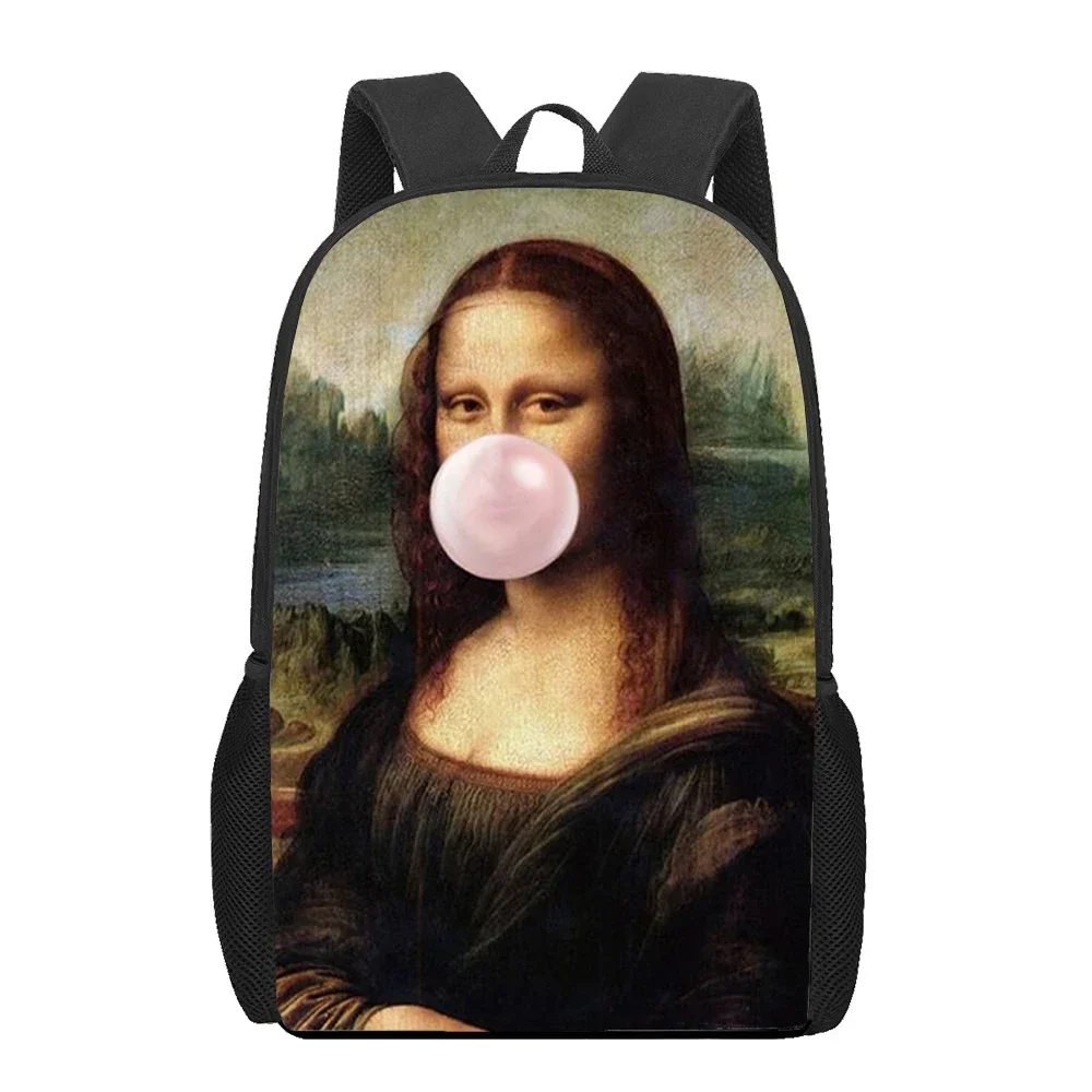 Sacs d'école d'art drôle de Mona Lisa pour garçons et filles, sacs de livre d'impression 3D, sacs à dos pour adolescents, sacs d'étudiant pour enfants, sac à dos de voyage décontracté