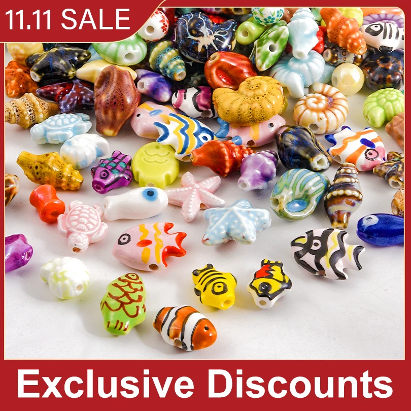 10/20/30pcs/Lot Colorful Hole 2mm Clownfish Turtle Star Conch Shell Ceramic Beads Cute Animals For Jewelry Bracelets Diy Crafts