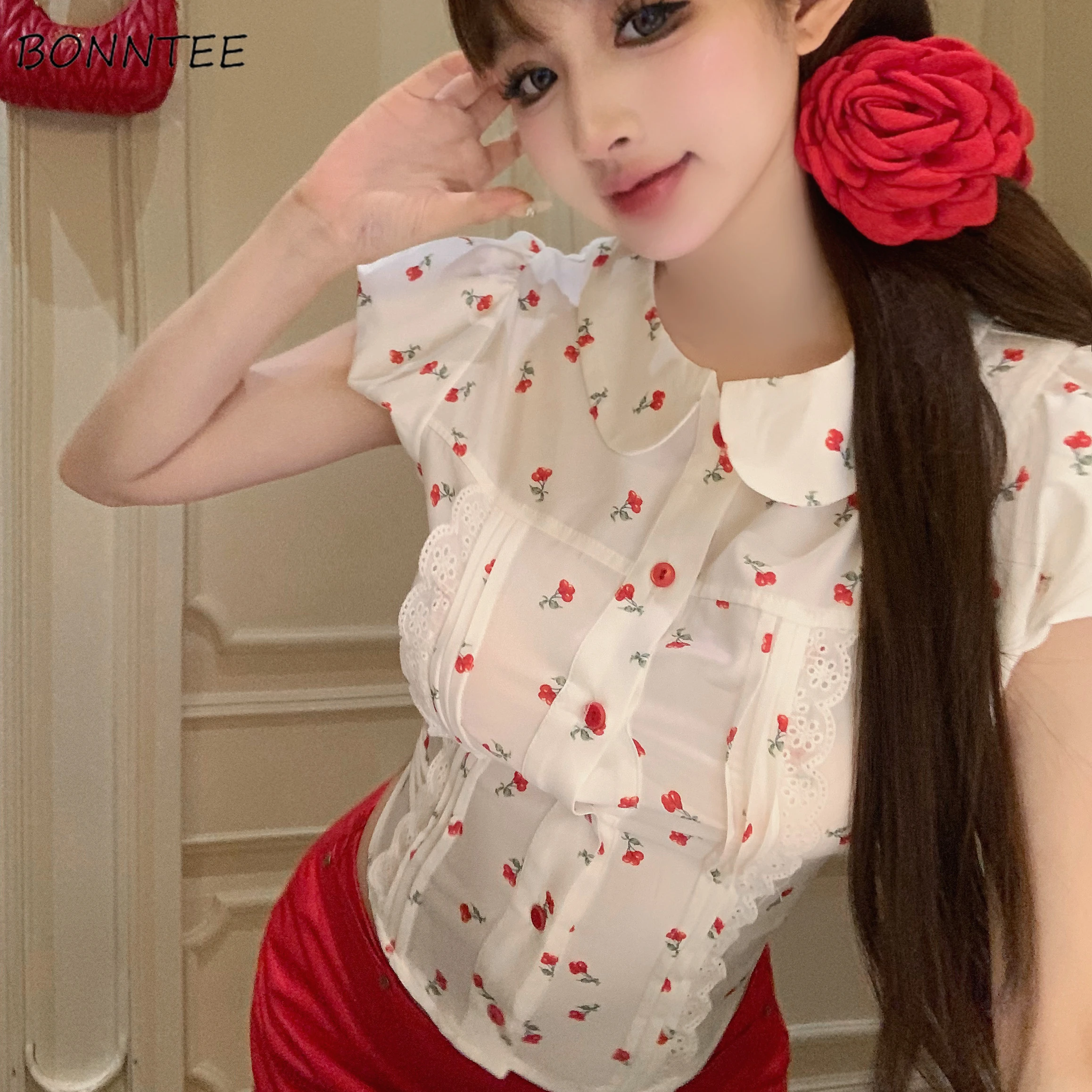 Shirts Women Cherry Printed Slim Peter Pan Collar Korean Style Sweet Lace Summer Cropped Tops Chic Ins Ulzzang Girlish Charming