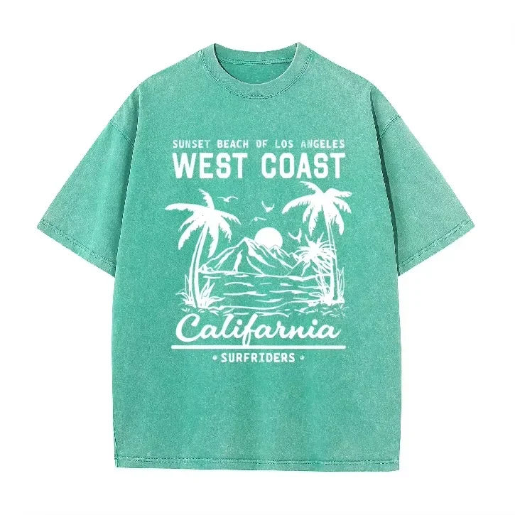 Vintage Washed T Shirt West Coast California Sunset Beach Palm Tree Surf Print Oversized Retro Street Short Sleeve Tee AsianSize