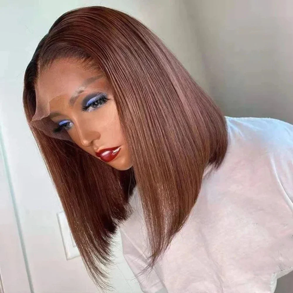 

Chocolate Brown Bob Wig Human Hair 200% Density Pre Plucked 13x4 Lace Front Human Hair Wig Straight Short Bob Wigs Color #4