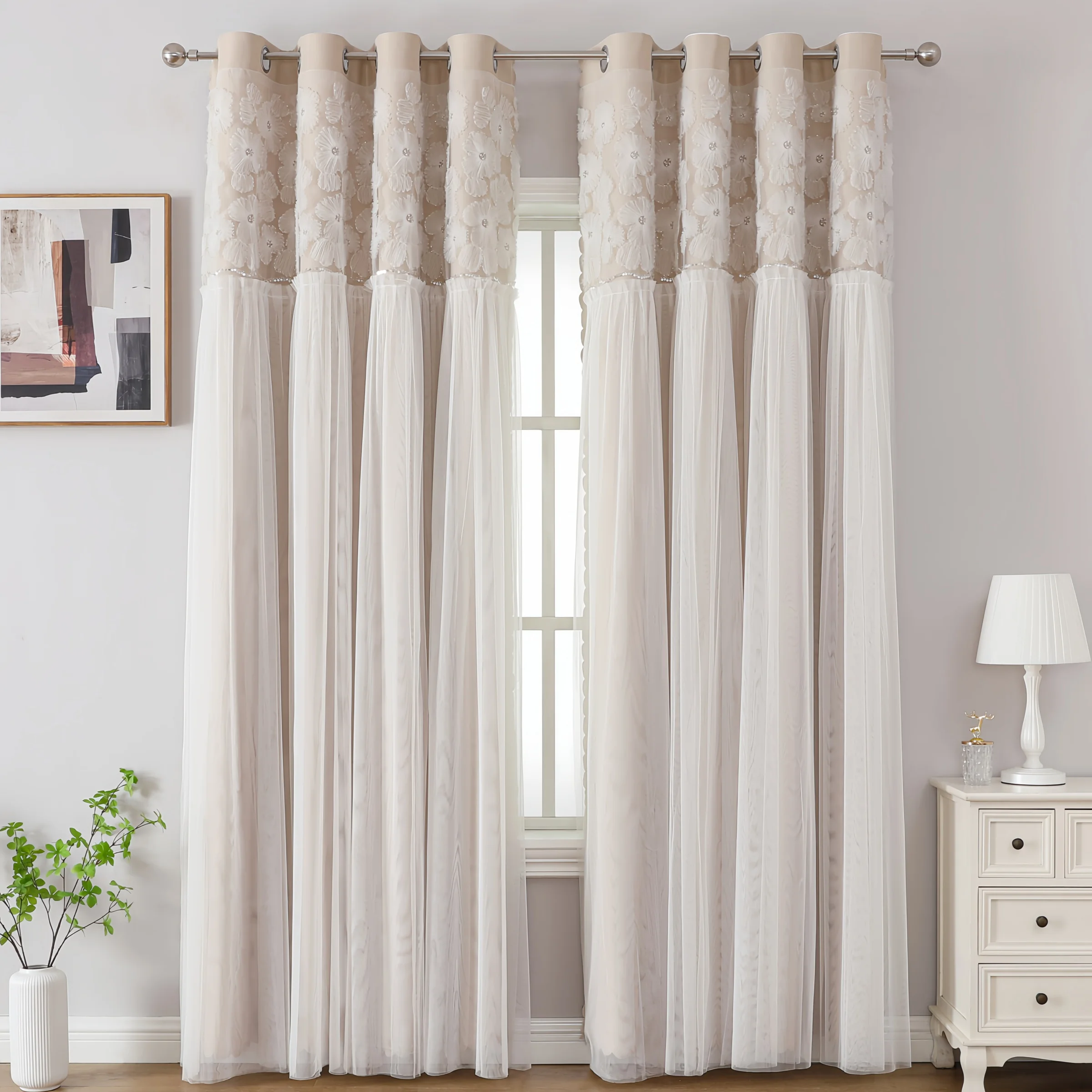 Korean-style Lace Curtain Finished Product Full Blackout Curtain Cloth Living Room Bedroom Solid Color Floating Window Curtain