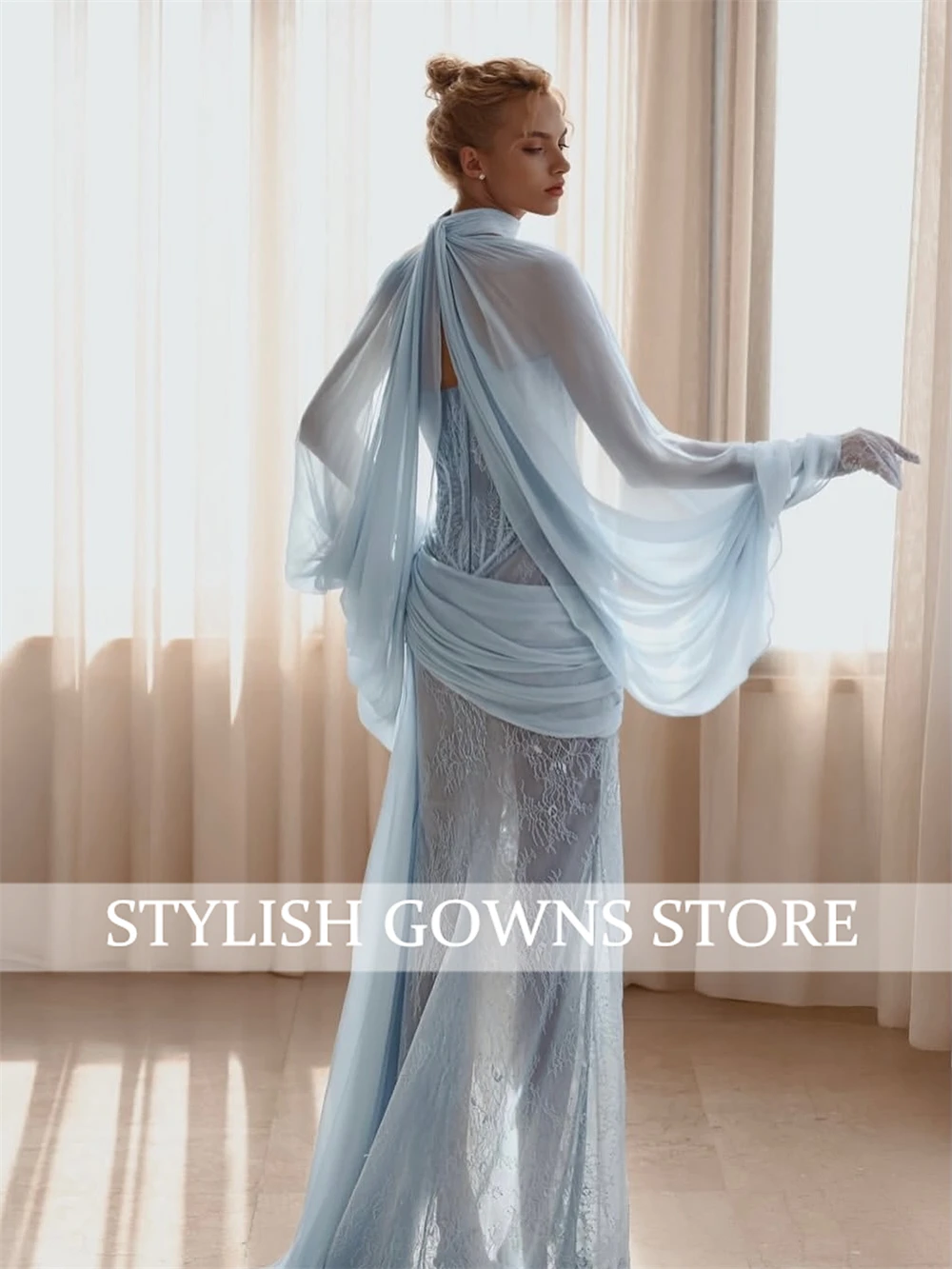 Elegant Mermaid Sky Blue Prom Dress Strapless Side Slit Sleeveless Party Gowns Floor-Length Evening Dress Customized