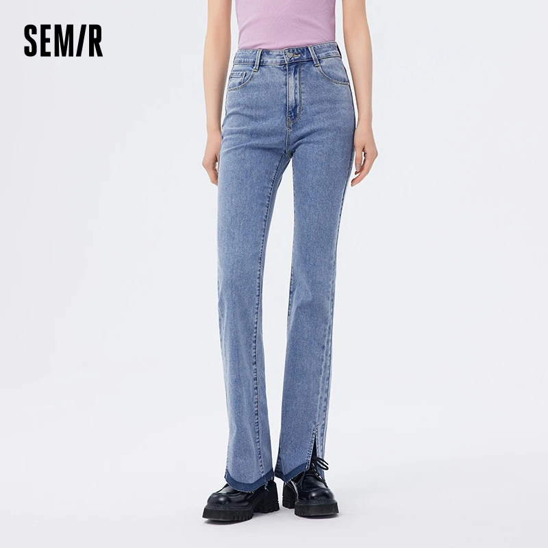 Semir Jeans Women Collision Colour Open Flared Trousers Thin 2024 Summer New Raw Edge Demin Trousers