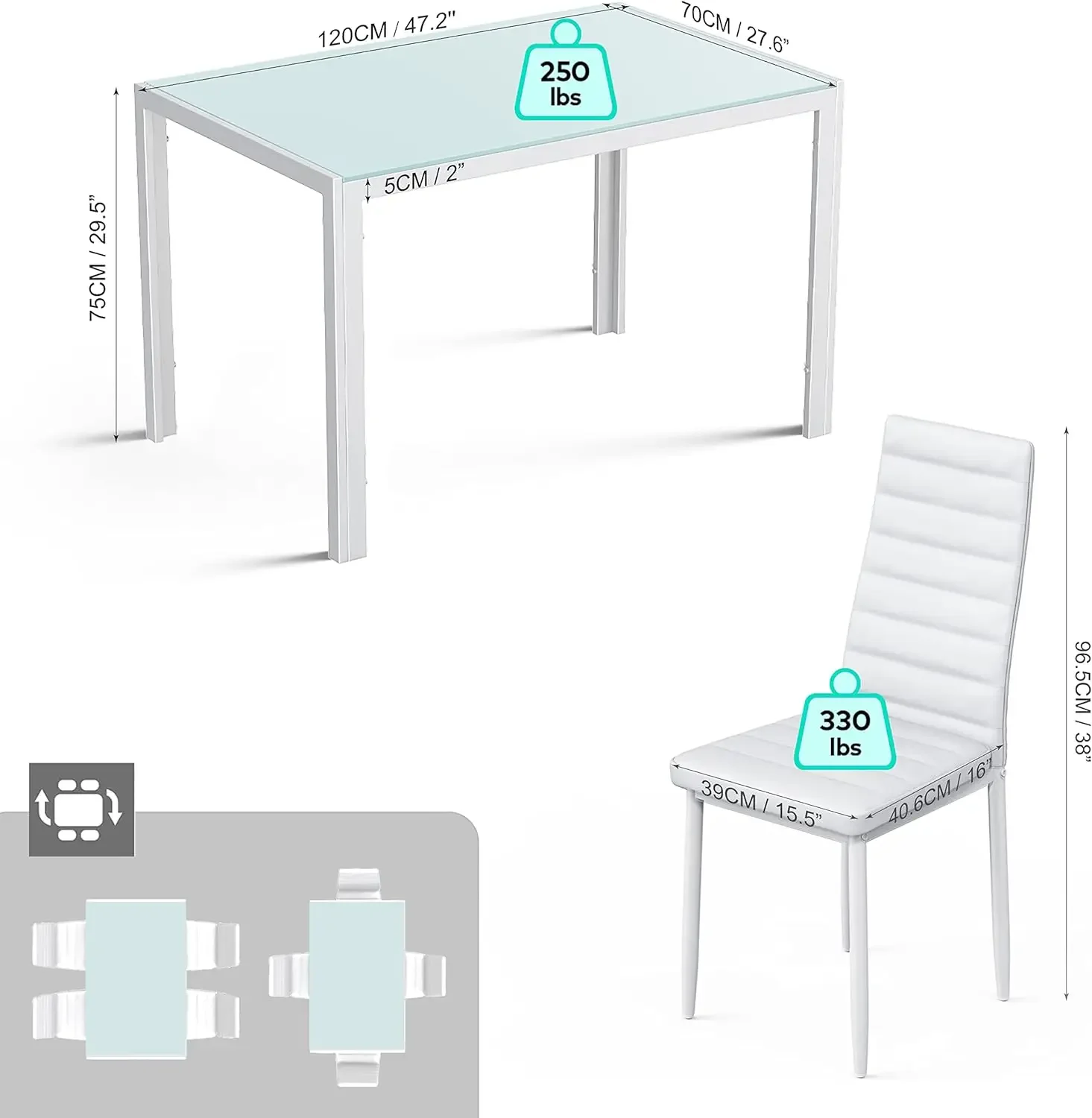 Gizoon 5 Piece Glass Dining Table Set, Kitchen and Chairs for 4, PU Leather Modern Room Sets for Home, Kitchen, Living Room