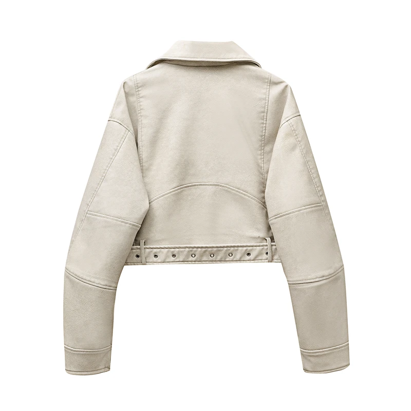 Chaqueta de cuero lavado con cinturón para mujer, abrigo corto con crema llera degradada y cuello vuelto jahrgang, chaqueta elegan